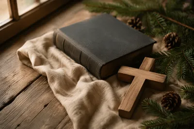 Bible and Wooden Cross on Linen