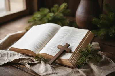 Open Bible and Cross on Linen