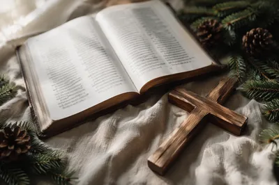 Open Bible and Wooden Cross on Linen