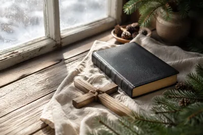 Bible and Wooden Cross on Linen