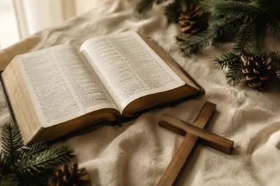 Open Bible and Cross on Linen