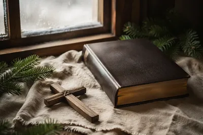 Bible and Wooden Cross on Linen