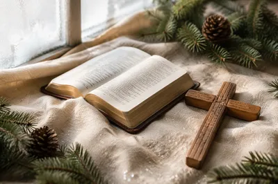 Open Bible and Wooden Cross on Linen