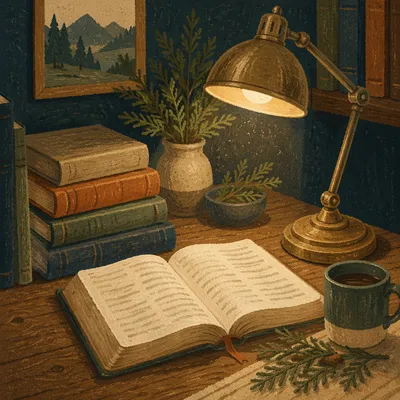 Evergreen Bible Commentary Study Desk Scene