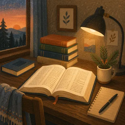 Cozy Bible Commentary Study Desk at Dusk