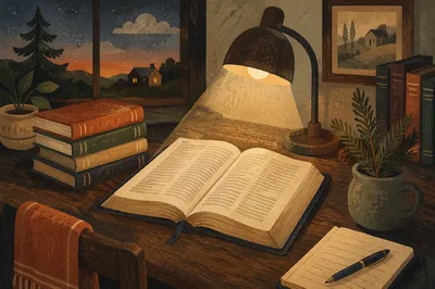 Cozy Bible Commentary Study Desk at Dusk