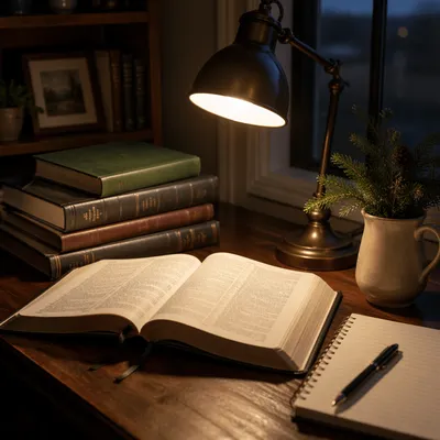 Evergreen Bible Commentary Study Desk at Dusk