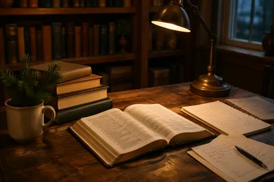 Evergreen Bible Commentary Study Desk at Dusk