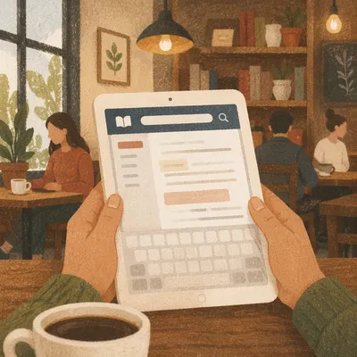 Bible Study App on Tablet at Cafe