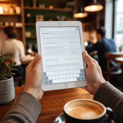 Bible Study App on Tablet at Coffee Shop