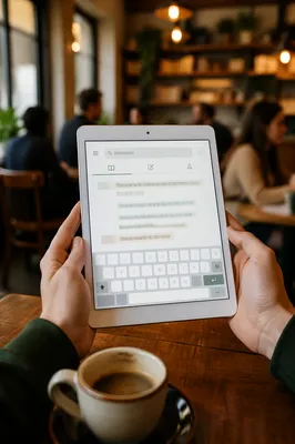 Bible Study App on Tablet at Cafe