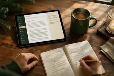Bible Study App on Tablet with Coffee