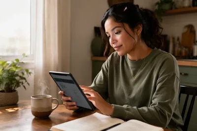 Woman Using Tablet with Morning Coffee