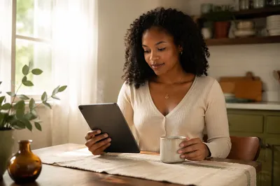 Woman Reading Tablet with Morning Coffee