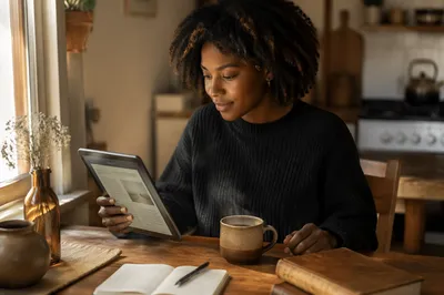 Woman Reading Tablet with Morning Coffee