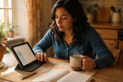 Woman Reading Tablet With Morning Coffee