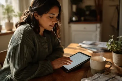 Woman Using Tablet with Morning Coffee