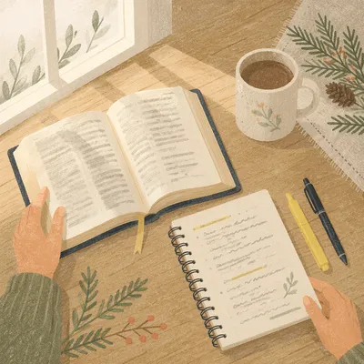 Evergreen Bible Study Morning Table Scene
