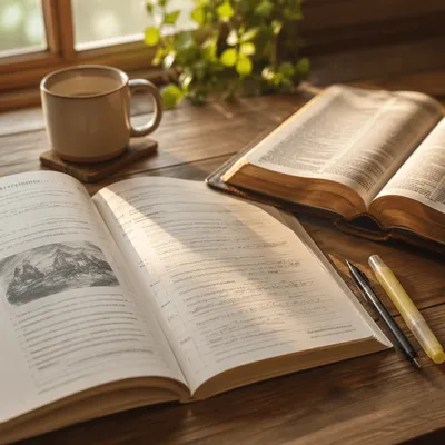 Sunlit Bible Study Workbook Desk Scene