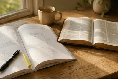 Open Workbook and Bible on Desk
