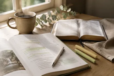 Open Bible and Study Workbook Still Life