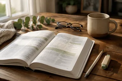 Open Study Workbook on Wooden Desk
