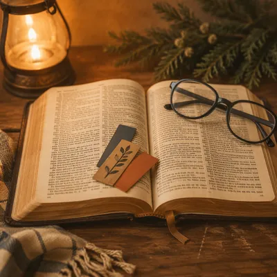 Open Bible with Glasses in Warm Light