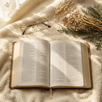 Open Bible with Reading Glasses in Warm Light