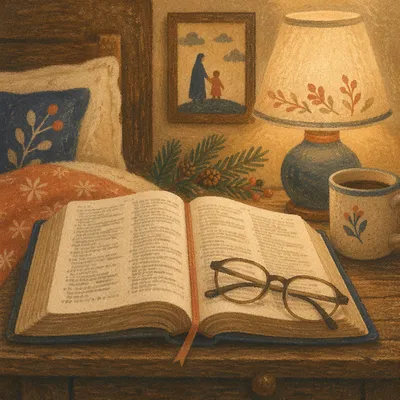 Open Bible with Glasses in Warm Lamplight