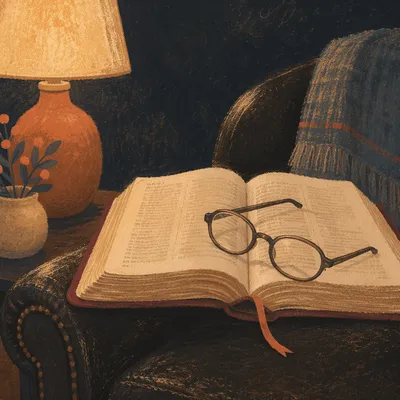 Open Bible and Glasses in Warm Lamp Light