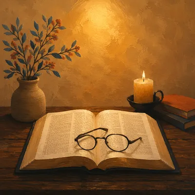 Open Bible with Glasses in Warm Light