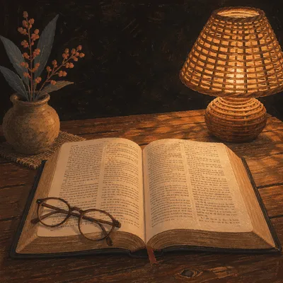 Open Bible and Glasses in Warm Lamplight