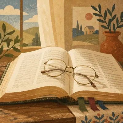 Open Bible with Glasses in Warm Light