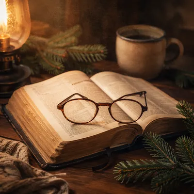 Open Bible With Glasses in Warm Lamplight