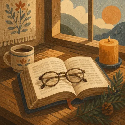 Open Bible with Glasses in Warm Morning Light