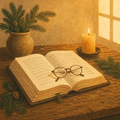 Open Bible with Glasses in Warm Light