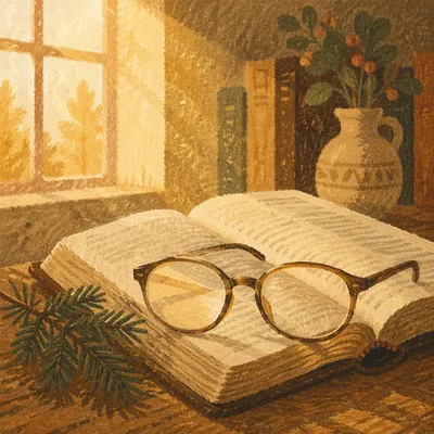 Open Bible with Glasses in Warm Light