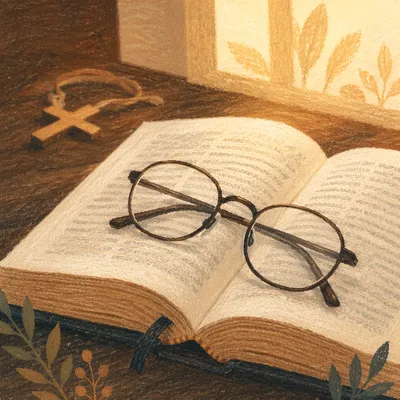 Open Bible with Glasses in Warm Light