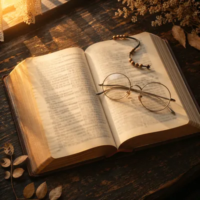 Open Bible with Reading Glasses in Warm Light