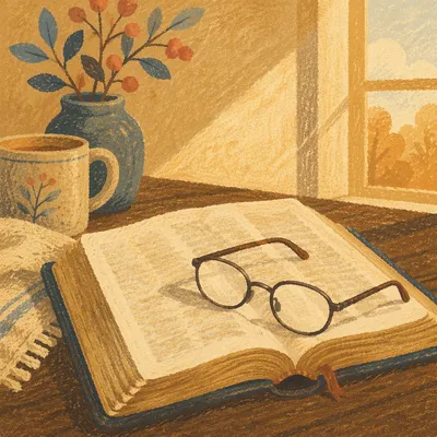Open Bible with Reading Glasses in Warm Light
