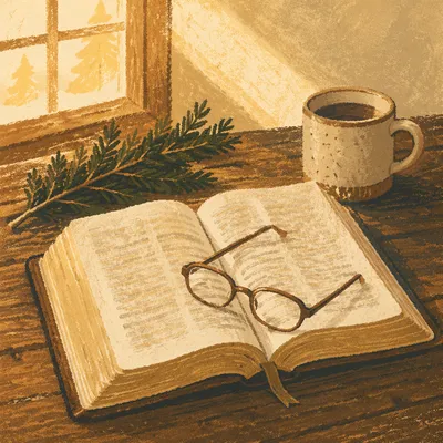 Open Bible with Glasses in Warm Light