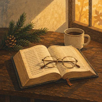 Open Bible with Glasses in Warm Light