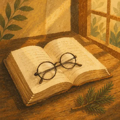 Open Bible with Reading Glasses and Evergreen