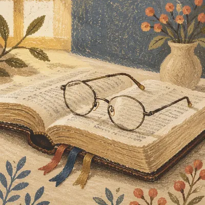 Open Bible with Reading Glasses in Warm Light