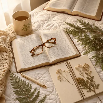 Bible with Reading Glasses in Warm Light