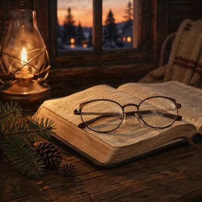 Open Bible and Glasses in Warm Cabin Light