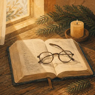 Open Bible with Glasses in Warm Light