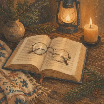 Open Bible with Glasses in Warm Lamplight