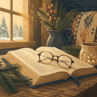 Open Bible with Glasses in Warm Cabin Light