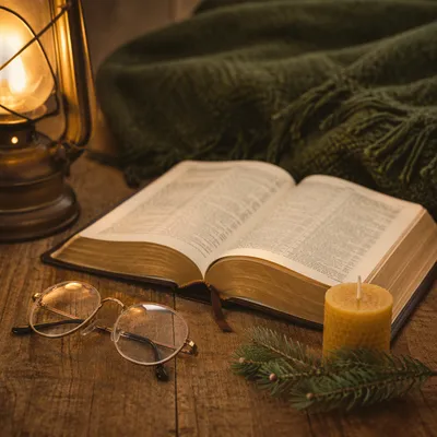 Open Bible with Glasses in Warm Lamplight